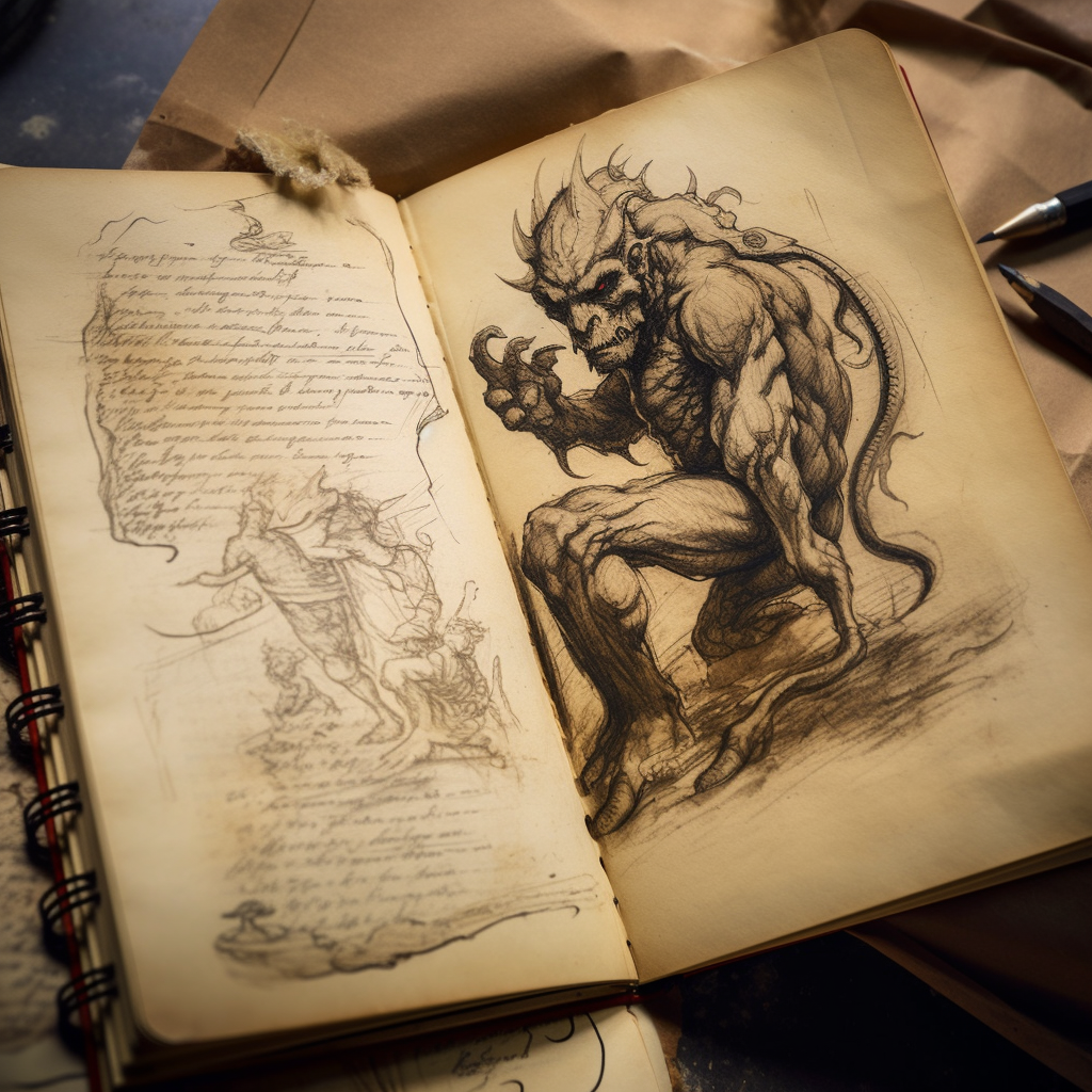 An ancient book with the drawing of the monster that lies in the heart of the catacomb. Generated by J.F. Penn on Midjourney