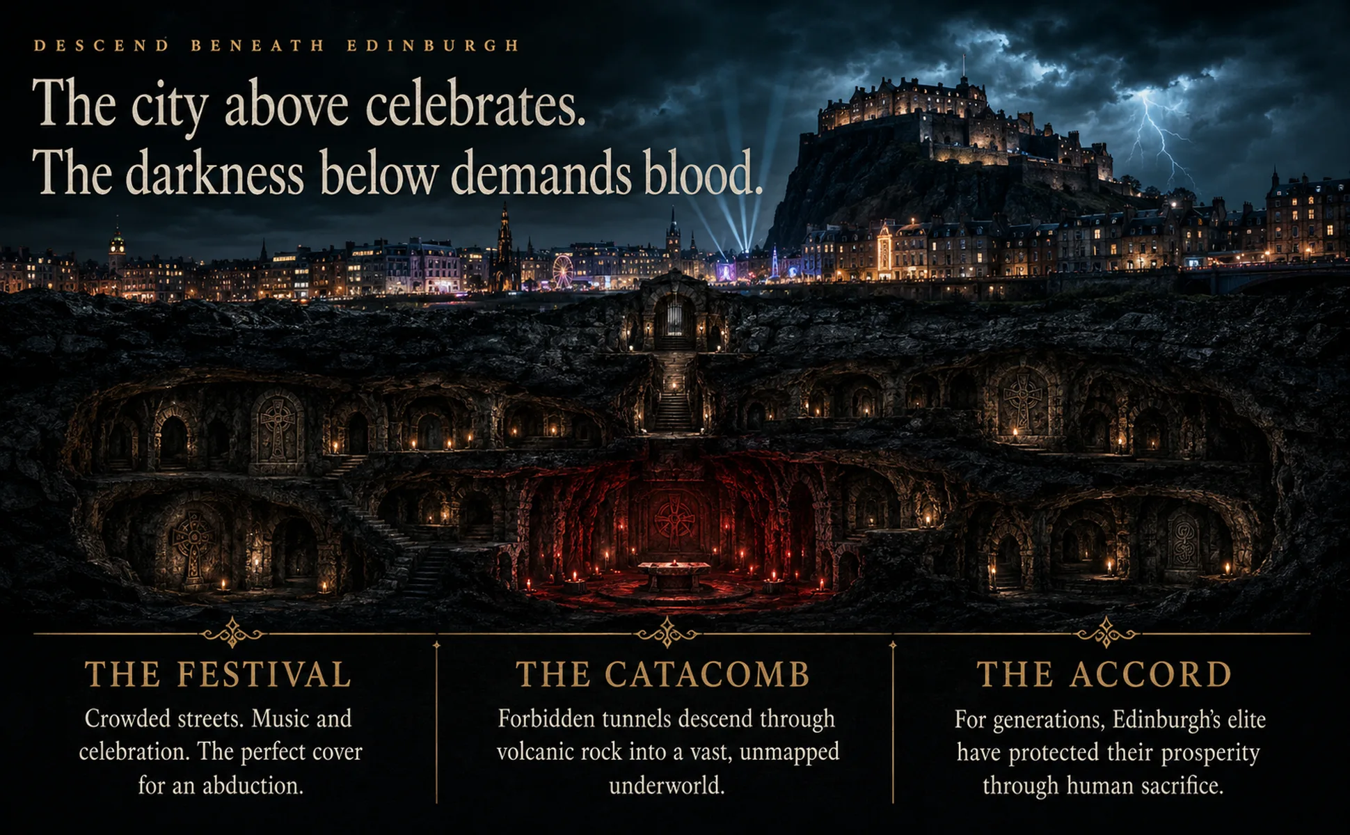 Edinburgh Castle above, the hidden catacomb below: the city above celebrates, the darkness below demands blood.