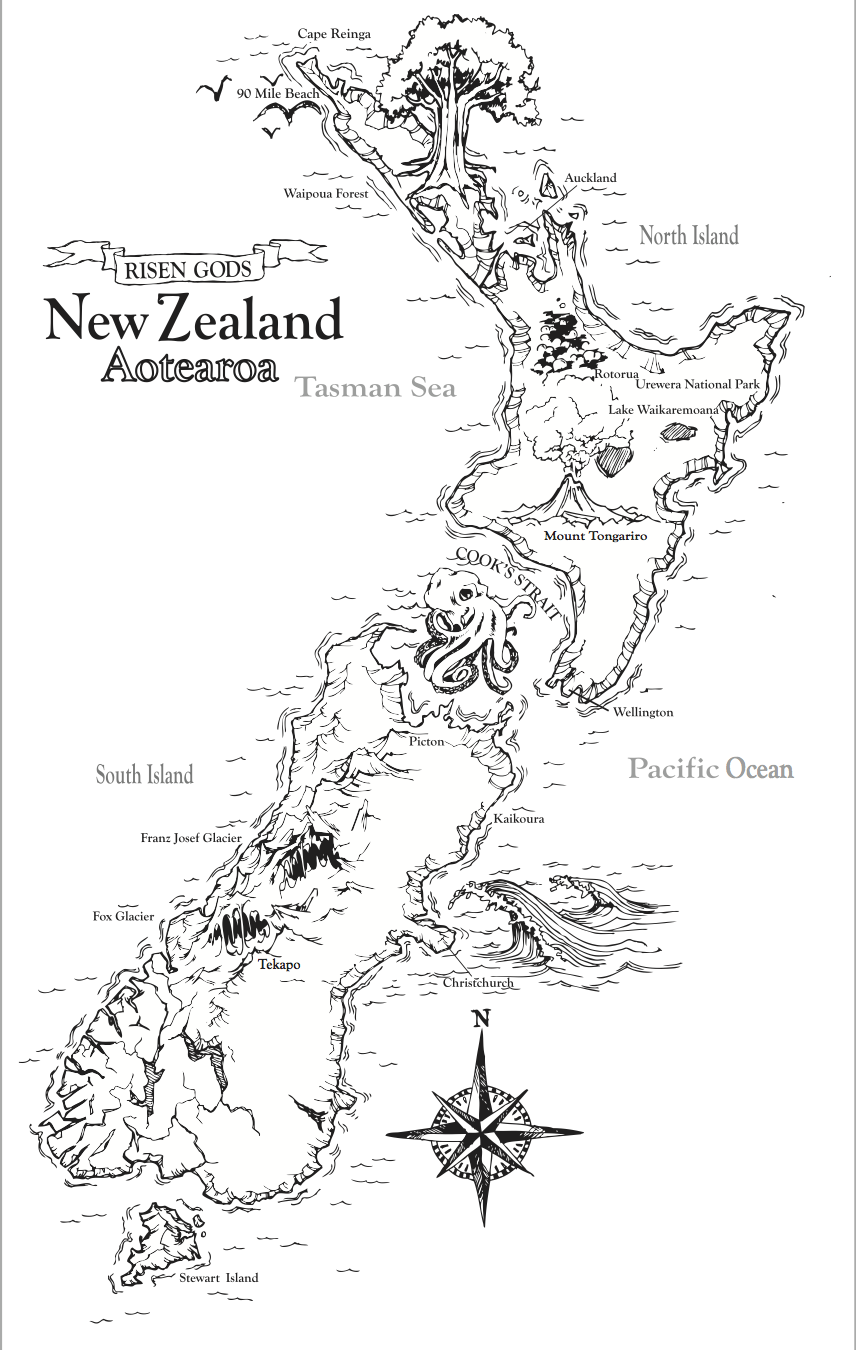 Map of Aotearoa New Zealand with the key places featured in Risen Gods